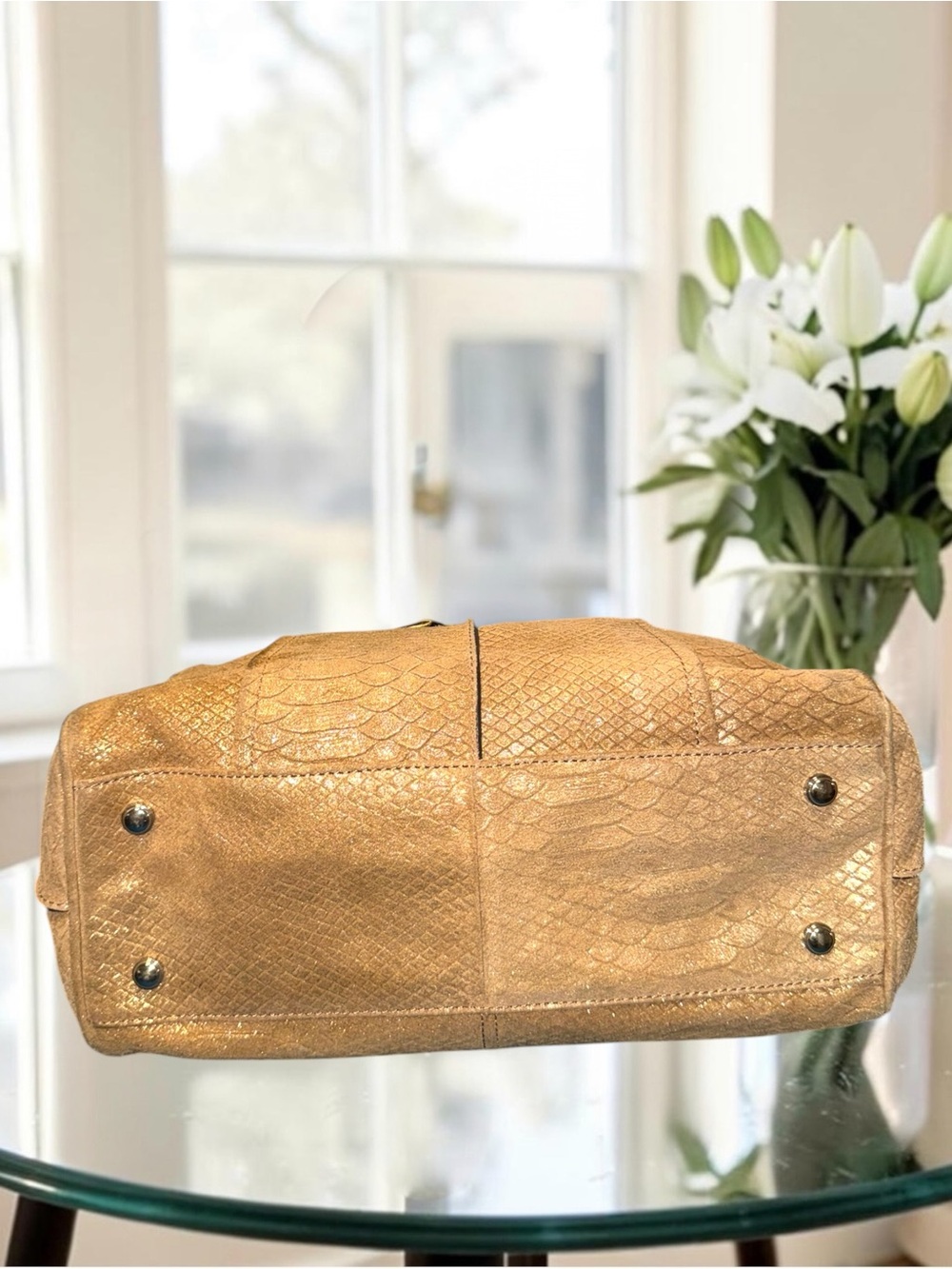 B. Makowsky Whitney Gold Shimmer Snakeskin Embossed Leather Satchel Bag - Picture 5 of 12